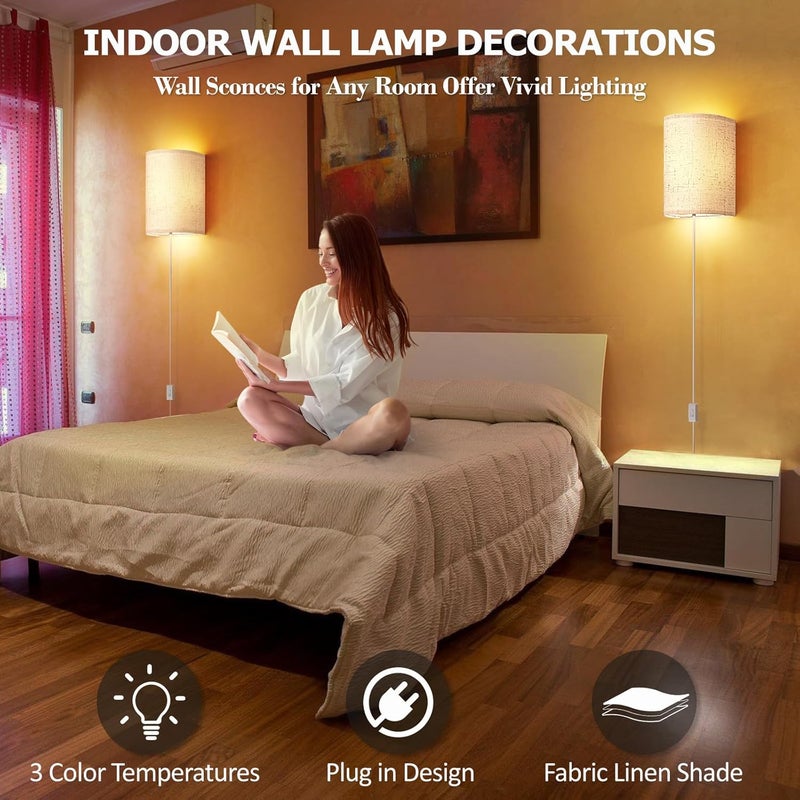 OCATO Plug in Wall Sconces Set of Two: Wall Light Wall Lamp with On/Off Switch 3000K 4500K 6000K Selectable Fixtures Fabric Linen Shade Wall Decor Wall Lights for Bedroom Living Room Hallway Indoor - Image 5